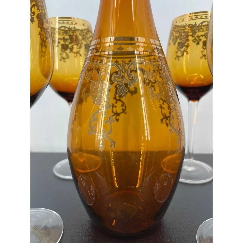 Vintage MCM Amber Glass Decanter Set Gold Encrusted Floral Scroll 4‎ Glasses